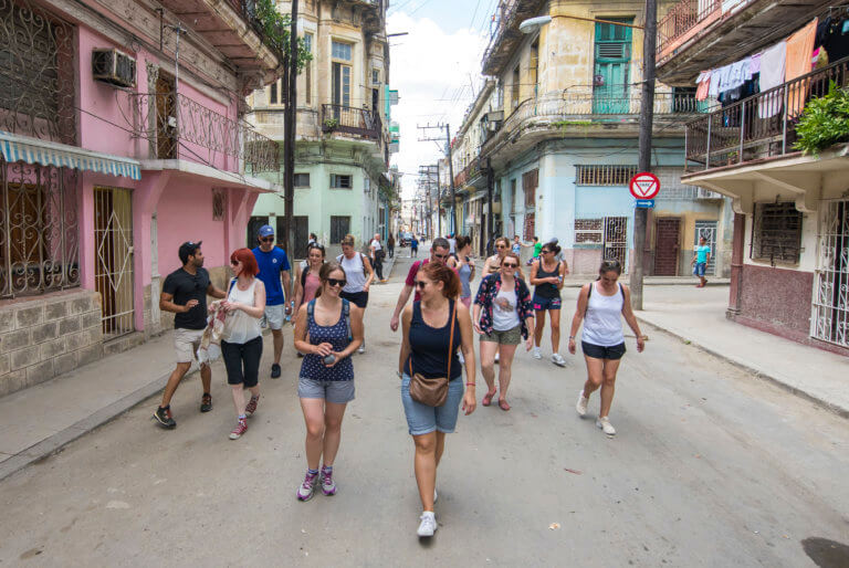 Group of Travellers Walking Through Old Havana, Cuba