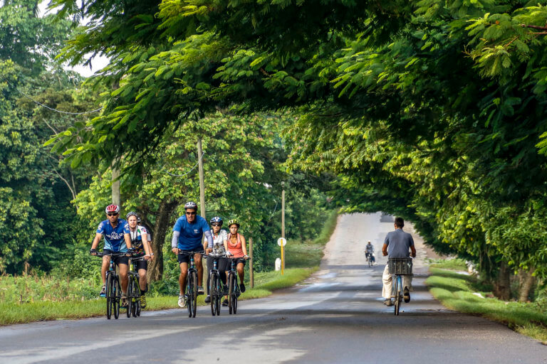 Group of Travellers Cycling Through Cuba